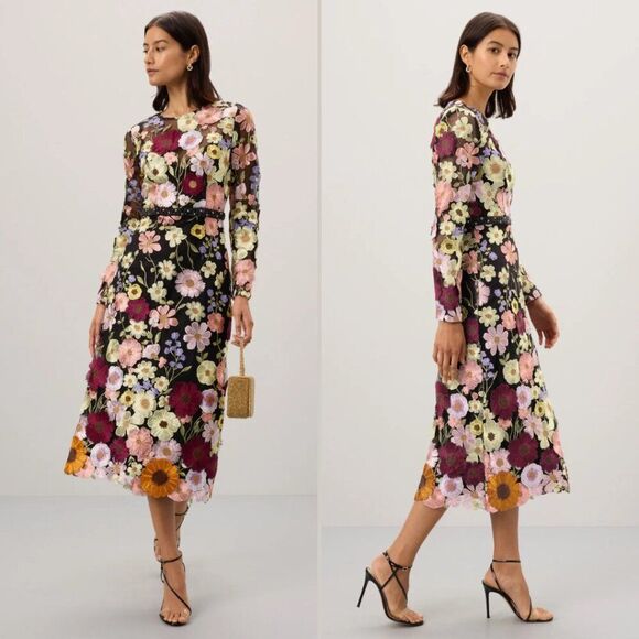 $598 Mac Duggal Size 2 High Neck Black Floral Embroidery Long Sleeve Midi Dress - Picture 1 of 6